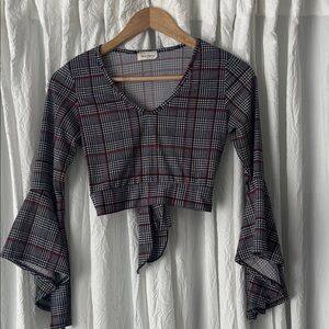 Free Kisses Black White Red Plaid V-Neck Tie-Front Crop Top